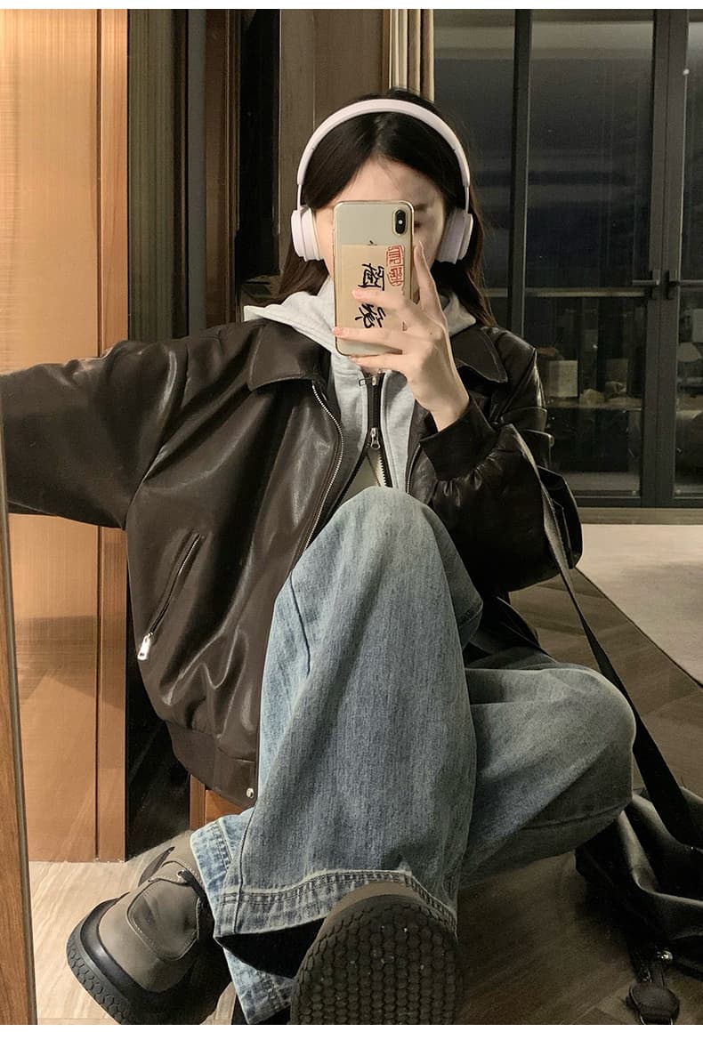 실사 검정색 페이크 레이어드 후드 가죽 재킷 여성 코트 가을 겨울 레트로 고급 센스 루즈핏 PU 가죽 오토바이 재킷 상세 이미지 15