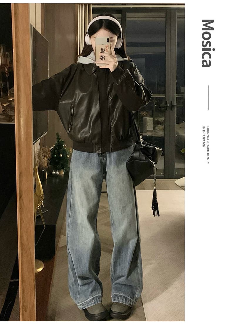 실사 검정색 페이크 레이어드 후드 가죽 재킷 여성 코트 가을 겨울 레트로 고급 센스 루즈핏 PU 가죽 오토바이 재킷 상세 이미지 18
