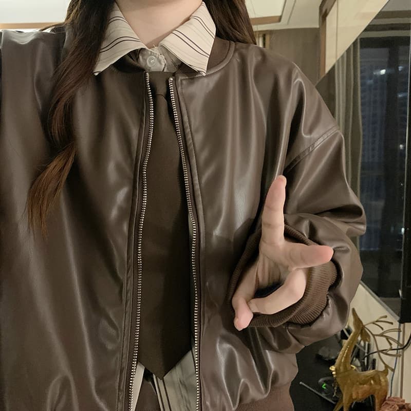 실사 디자인 센스 작은 키 세트 페이크 레이어드 넥타이 가죽 재킷 재킷 플리츠 짧은 가죽 스커트 바 En 바람 세트 이미지 4