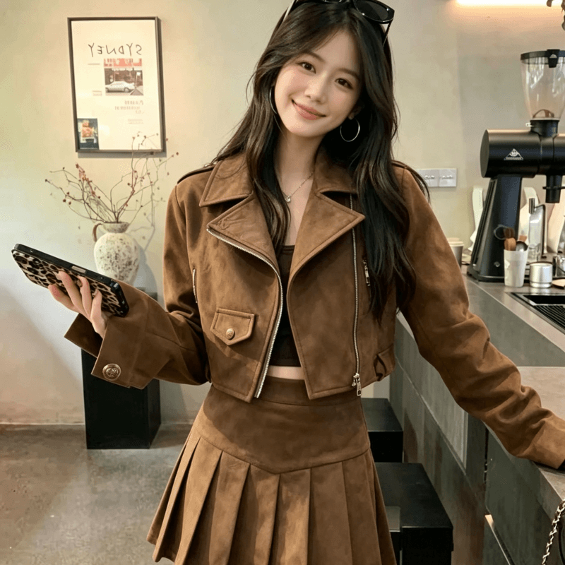 실사 아름다움 라드. 여성 코트 가을 2026 새로운 스웨이드 원단 워크웨어 재킷 맨위 반신 스커트 투피스 세트 이미지 3