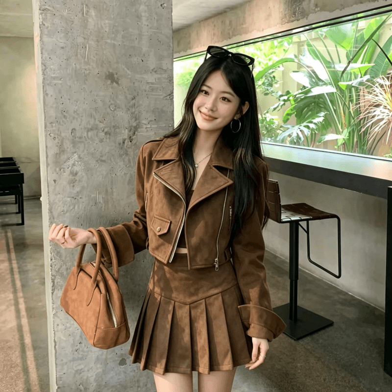 실사 아름다움 라드. 여성 코트 가을 2026 새로운 스웨이드 원단 워크웨어 재킷 맨위 반신 스커트 투피스 세트 이미지 5