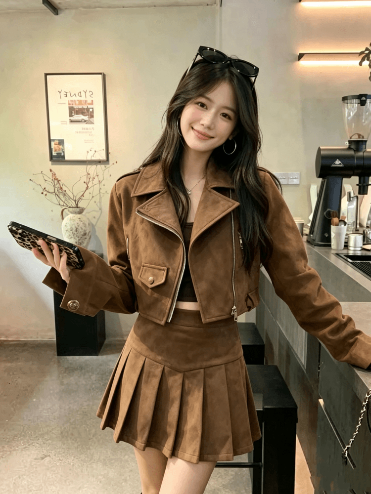 실사 아름다움 라드. 여성 코트 가을 2026 새로운 스웨이드 원단 워크웨어 재킷 맨위 반신 스커트 투피스 세트 상세 이미지 2