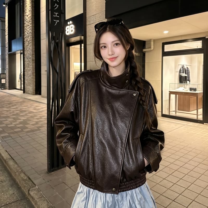 실사 긴팔 스탠드 칼라 모조 가죽 재킷 재킷 2026 가을 새로운 pu 가죽 재킷 무거운 작업 레트로 루즈핏 맨위 여성
