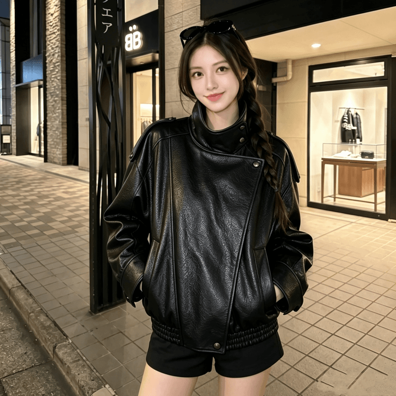실사 긴팔 스탠드 칼라 모조 가죽 재킷 재킷 2026 가을 새로운 pu 가죽 재킷 무거운 작업 레트로 루즈핏 맨위 여성 이미지 4
