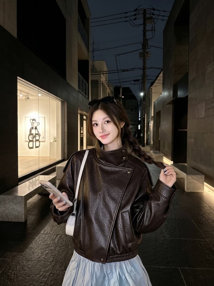 실사 긴팔 스탠드 칼라 모조 가죽 재킷 재킷 2026 가을 새로운 pu 가죽 재킷 무거운 작업 레트로 루즈핏 맨위 여성 상세 이미지 3