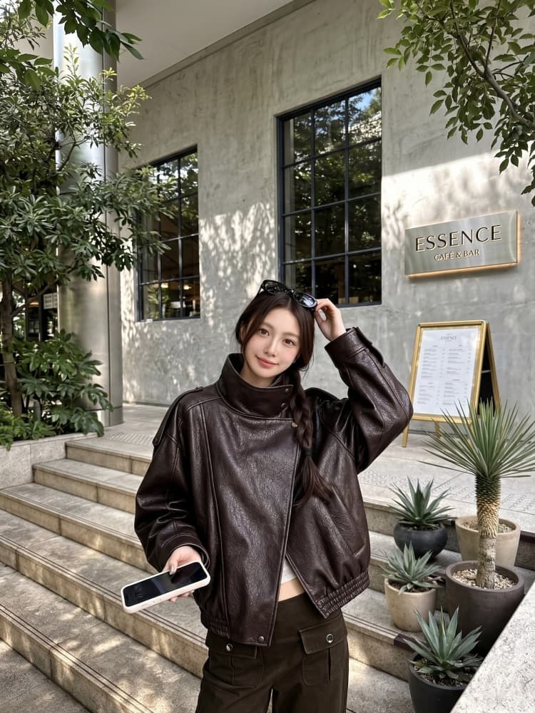 실사 긴팔 스탠드 칼라 모조 가죽 재킷 재킷 2026 가을 새로운 pu 가죽 재킷 무거운 작업 레트로 루즈핏 맨위 여성 상세 이미지 4