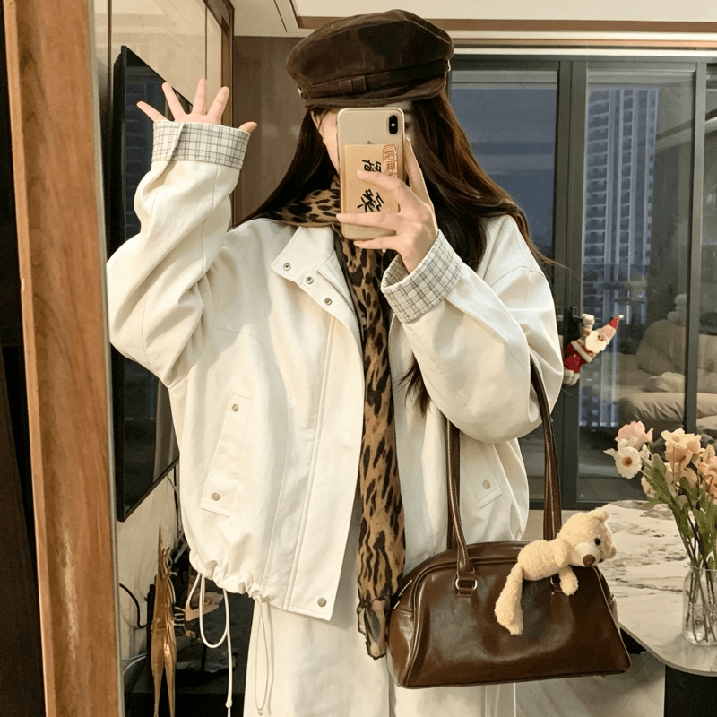실사 레트로 루즈핏 캐주얼 체크무늬 여성 코트 봄 가을 2026 새로운 작은 키 쇼트 스타일 재킷 맨위 트렌디 이미지 3