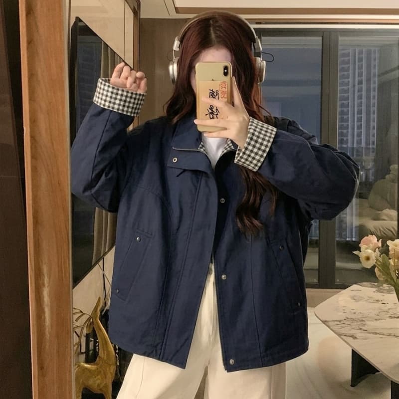 실사 레트로 루즈핏 캐주얼 체크무늬 여성 코트 봄 가을 2026 새로운 작은 키 쇼트 스타일 재킷 맨위 트렌디 이미지 2