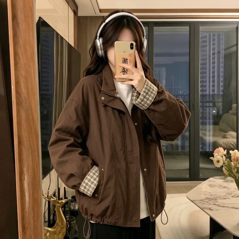 실사 레트로 루즈핏 캐주얼 체크무늬 여성 코트 봄 가을 2026 새로운 작은 키 쇼트 스타일 재킷 맨위 트렌디