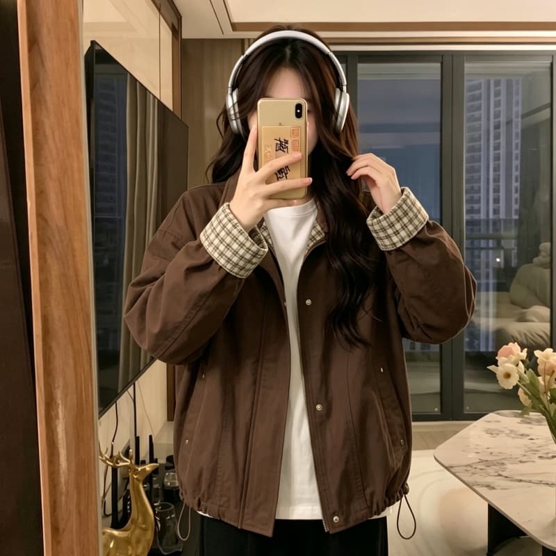 실사 레트로 루즈핏 캐주얼 체크무늬 여성 코트 봄 가을 2026 새로운 작은 키 쇼트 스타일 재킷 맨위 트렌디 이미지 5