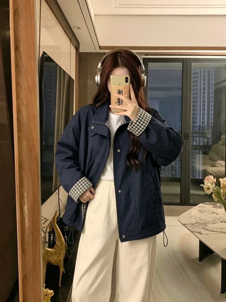 실사 레트로 루즈핏 캐주얼 체크무늬 여성 코트 봄 가을 2026 새로운 작은 키 쇼트 스타일 재킷 맨위 트렌디 상세 이미지 2