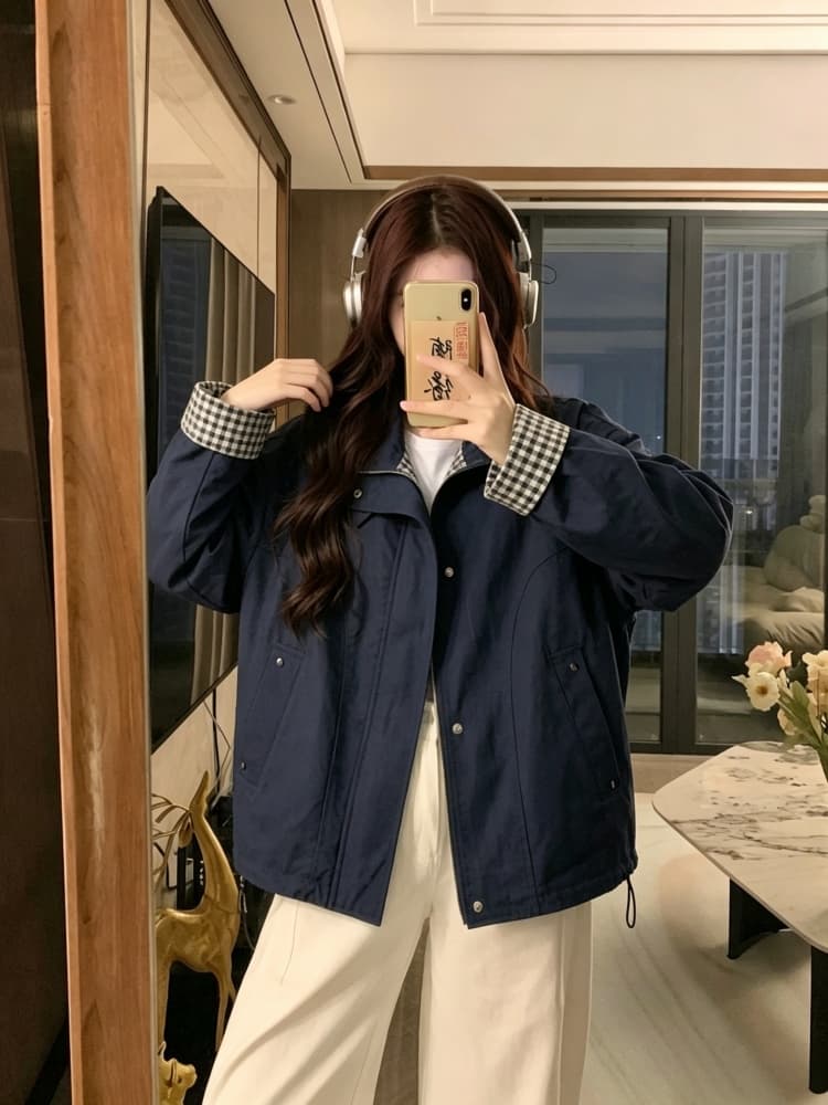 실사 레트로 루즈핏 캐주얼 체크무늬 여성 코트 봄 가을 2026 새로운 작은 키 쇼트 스타일 재킷 맨위 트렌디 상세 이미지 3