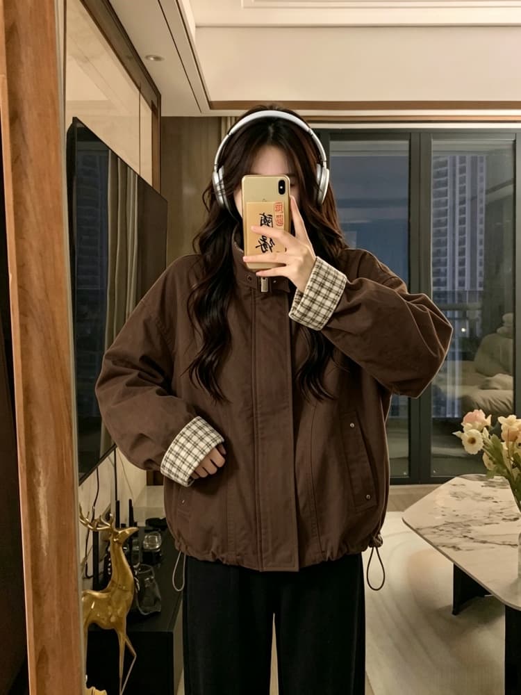 실사 레트로 루즈핏 캐주얼 체크무늬 여성 코트 봄 가을 2026 새로운 작은 키 쇼트 스타일 재킷 맨위 트렌디 상세 이미지 5