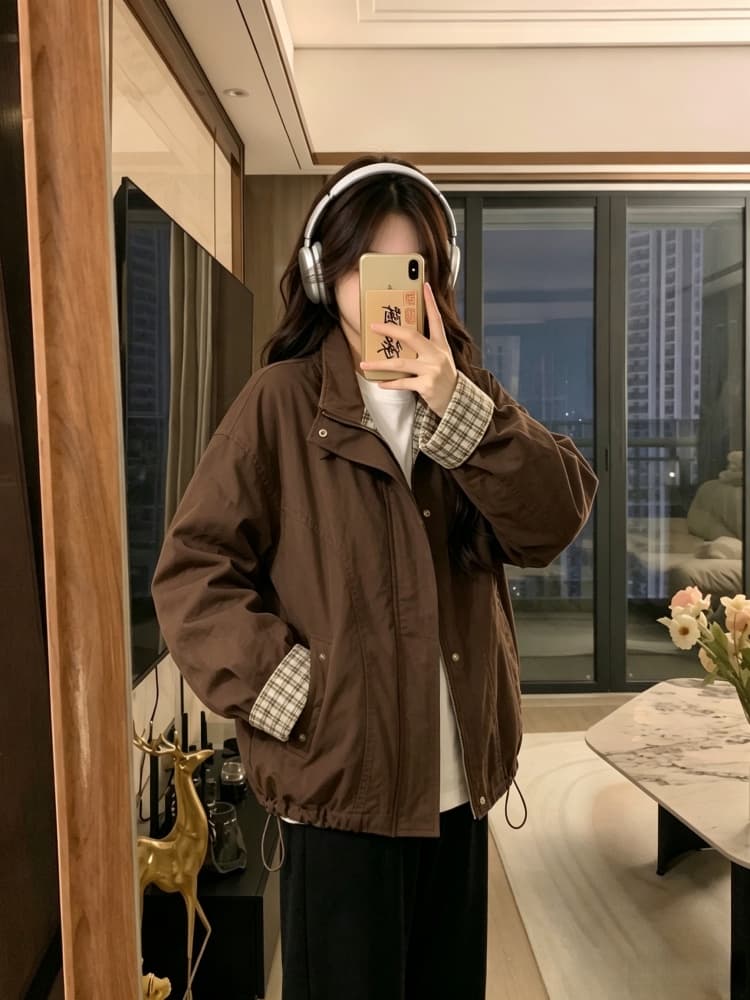 실사 레트로 루즈핏 캐주얼 체크무늬 여성 코트 봄 가을 2026 새로운 작은 키 쇼트 스타일 재킷 맨위 트렌디 상세 이미지 6