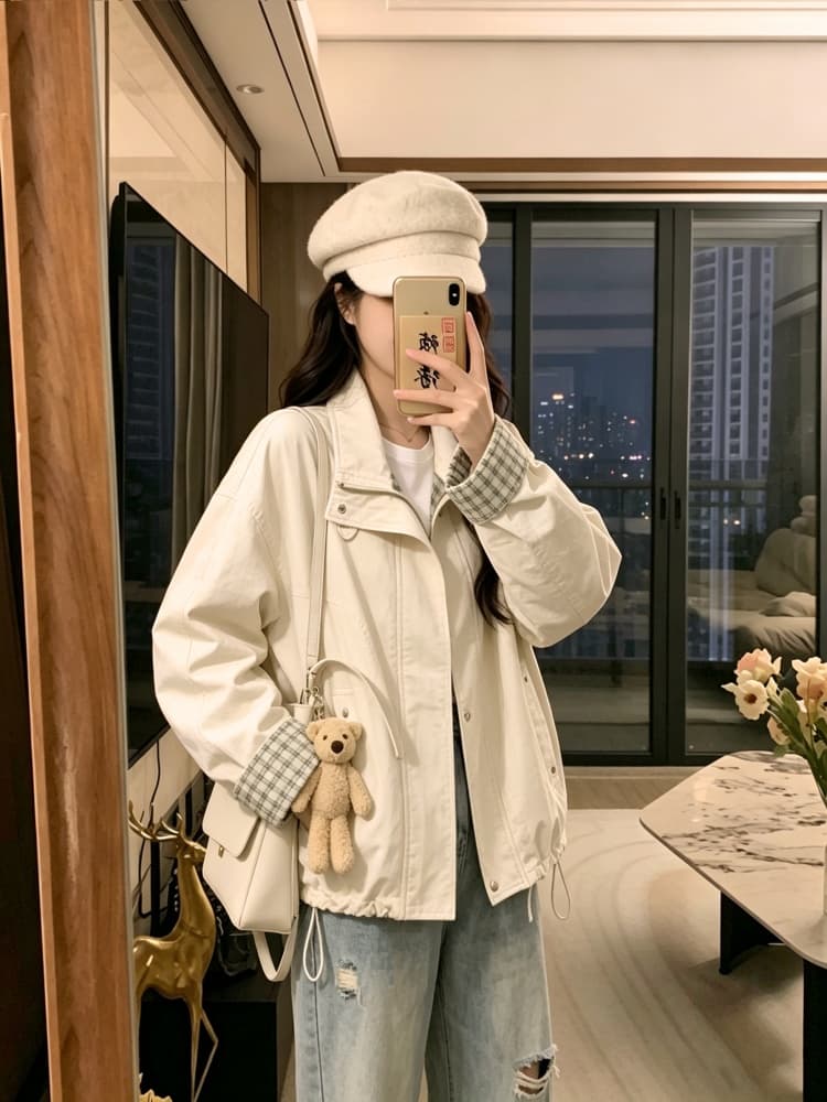 실사 레트로 루즈핏 캐주얼 체크무늬 여성 코트 봄 가을 2026 새로운 작은 키 쇼트 스타일 재킷 맨위 트렌디 상세 이미지 9