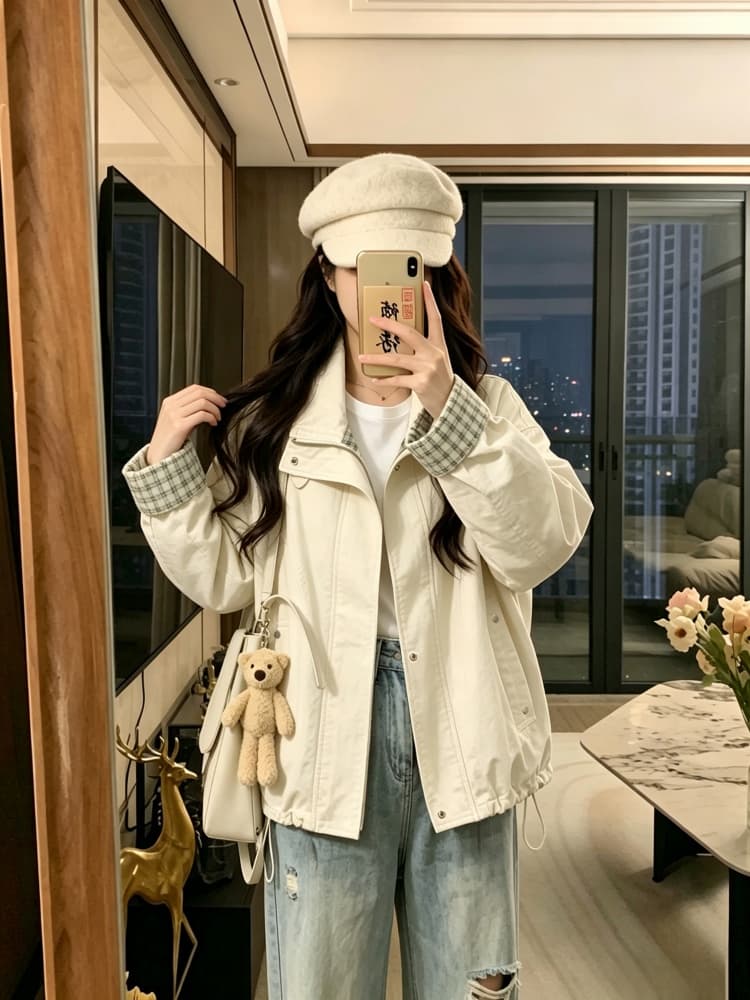 실사 레트로 루즈핏 캐주얼 체크무늬 여성 코트 봄 가을 2026 새로운 작은 키 쇼트 스타일 재킷 맨위 트렌디 상세 이미지 12
