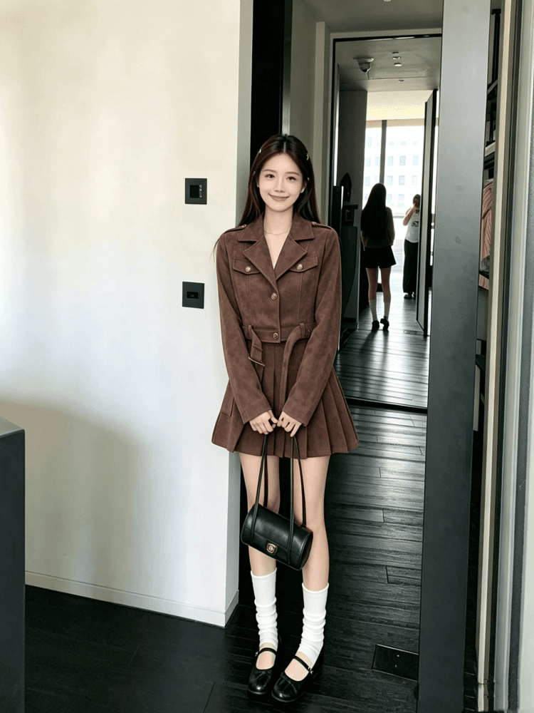 실사 레트로 오토바이 재킷 반신 스커트 여성 짧은 2026 가을 새로운 고급 센스 사슴 가죽 벨벳 수트 상세 이미지 2
