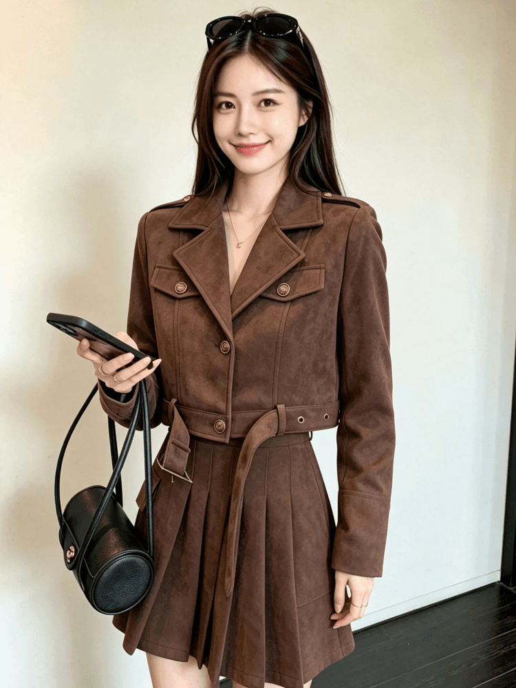 실사 레트로 오토바이 재킷 반신 스커트 여성 짧은 2026 가을 새로운 고급 센스 사슴 가죽 벨벳 수트 상세 이미지 4