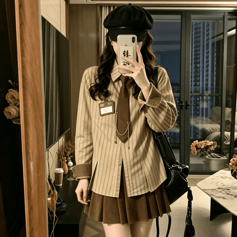 실사 학교 들어 센스 학원 스타일 스트라이프 코듀로이 배색 셔츠 보내기 넥타이 배지 2026 가을 새로운 이미지 3