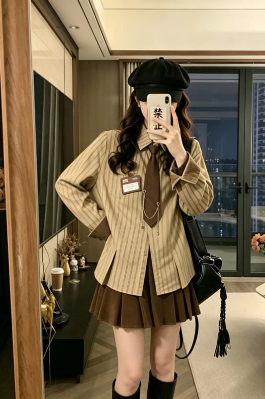 실사 학교 들어 센스 학원 스타일 스트라이프 코듀로이 배색 셔츠 보내기 넥타이 배지 2026 가을 새로운 이미지 6