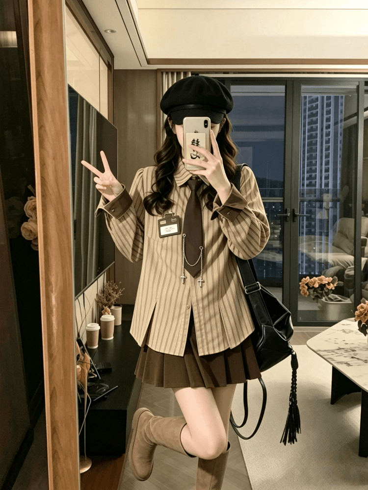 실사 학교 들어 센스 학원 스타일 스트라이프 코듀로이 배색 셔츠 보내기 넥타이 배지 2026 가을 새로운 상세 이미지 4