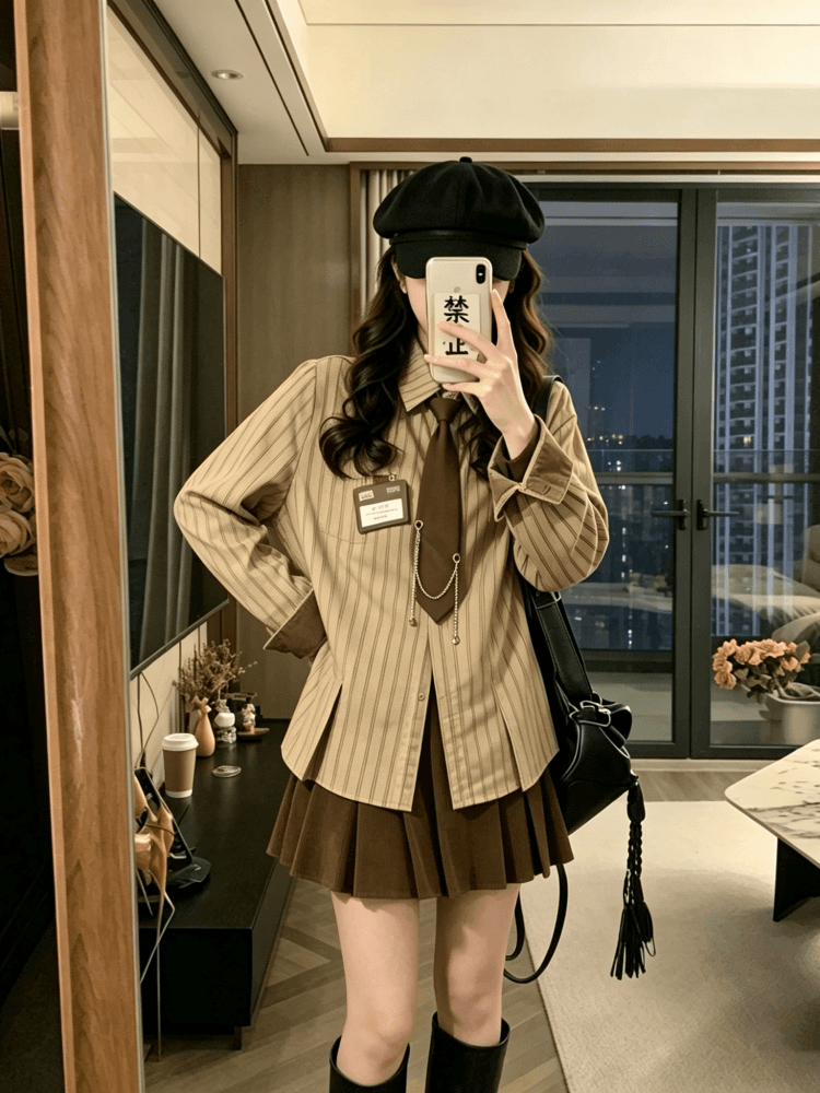 실사 학교 들어 센스 학원 스타일 스트라이프 코듀로이 배색 셔츠 보내기 넥타이 배지 2026 가을 새로운 상세 이미지 5