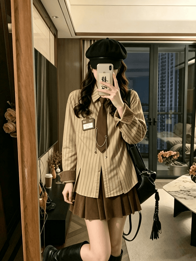 실사 학교 들어 센스 학원 스타일 스트라이프 코듀로이 배색 셔츠 보내기 넥타이 배지 2026 가을 새로운 상세 이미지 7