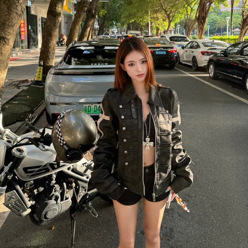 실사 이문화 궁정 바람 긍정적 인 어깨 재킷 여성 코트 이른 가을 십자가 쇼트 스타일 몸매 가꾸기 가죽 재킷 시각 부서 트렌디 이미지 2