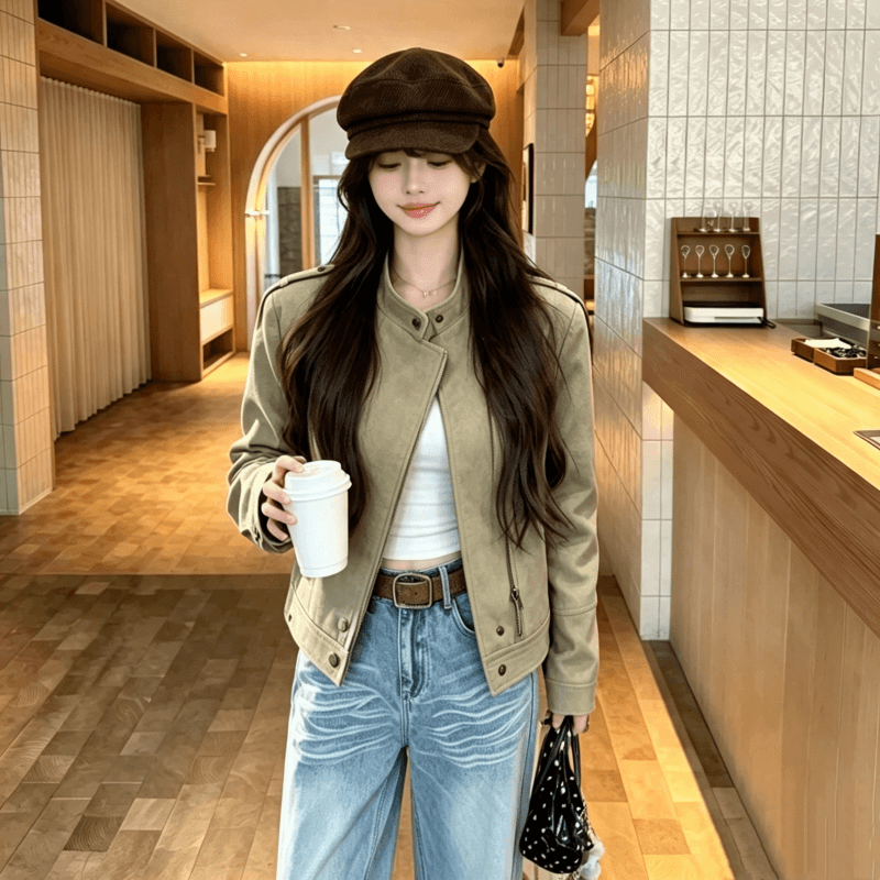 실사 워크웨어 레트로 스탠드 칼라 긍정적 인 어깨 지퍼 재킷 여성 코트 2026 가을 새로운 학원 스타일 재킷 트렌디 이미지 5