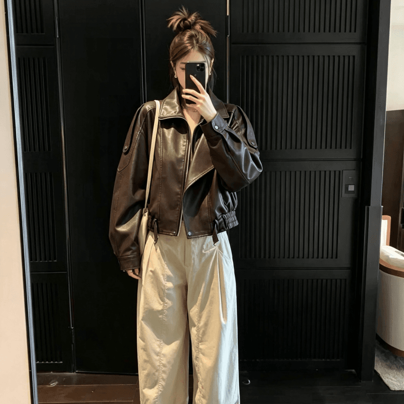 실사 커피 색상 마이크로 바보 빛 pu 가죽 빅 칼라 레이스업 쇼트 스타일 루즈핏 가죽 재킷 재킷 트렌디 2026 가을 새로운 이미지 5