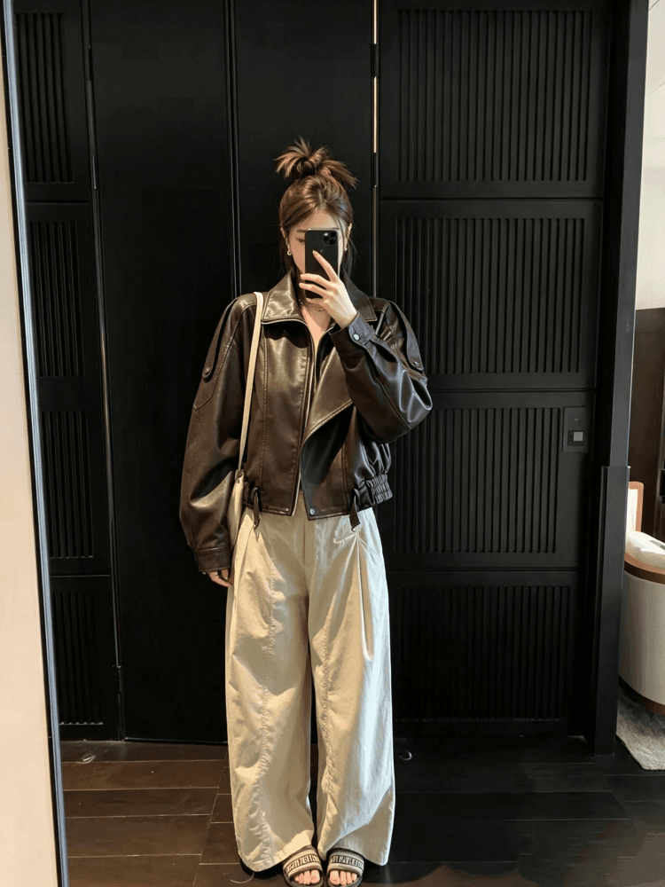 실사 커피 색상 마이크로 바보 빛 pu 가죽 빅 칼라 레이스업 쇼트 스타일 루즈핏 가죽 재킷 재킷 트렌디 2026 가을 새로운 상세 이미지 5