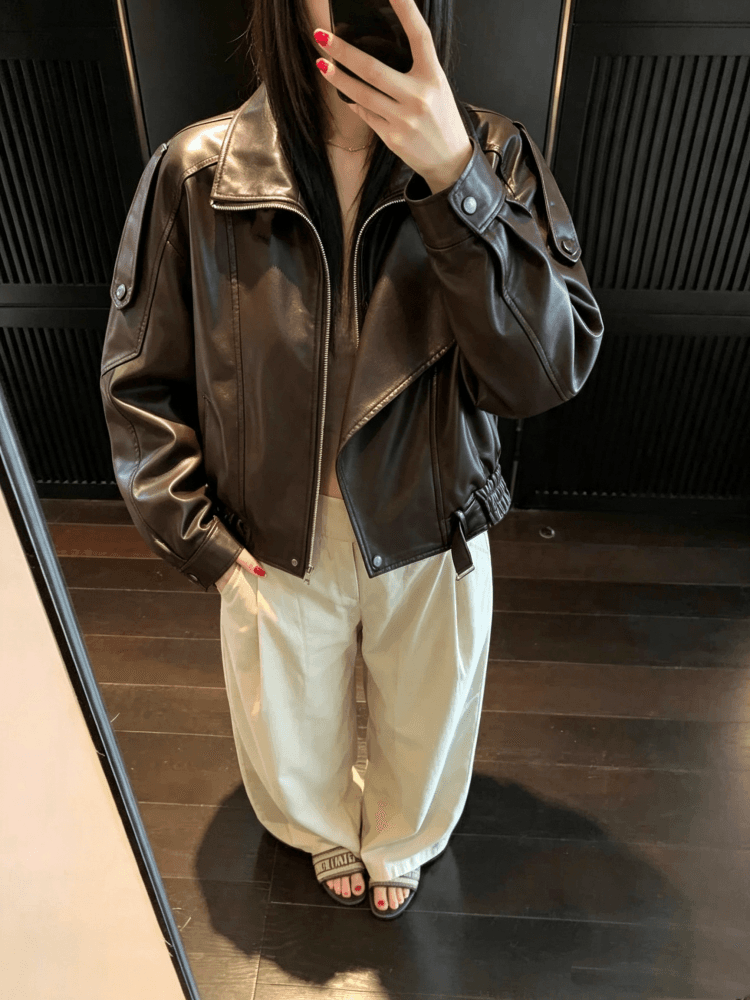 실사 커피 색상 마이크로 바보 빛 pu 가죽 빅 칼라 레이스업 쇼트 스타일 루즈핏 가죽 재킷 재킷 트렌디 2026 가을 새로운 상세 이미지 7