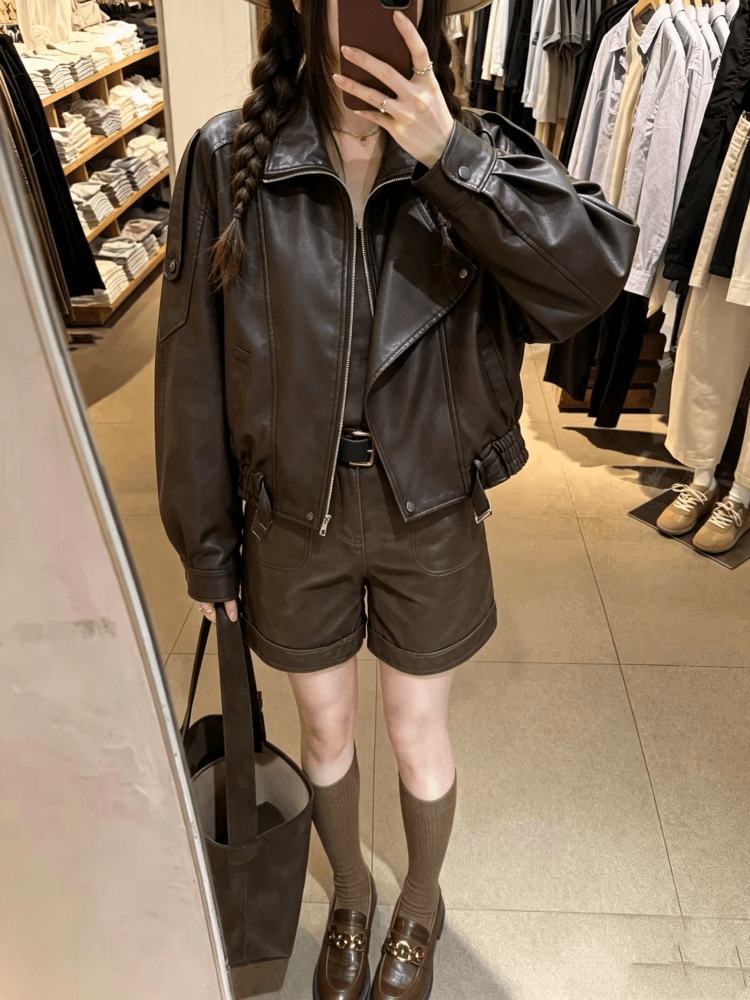 실사 커피 색상 마이크로 바보 빛 pu 가죽 빅 칼라 레이스업 쇼트 스타일 루즈핏 가죽 재킷 재킷 트렌디 2026 가을 새로운 상세 이미지 9