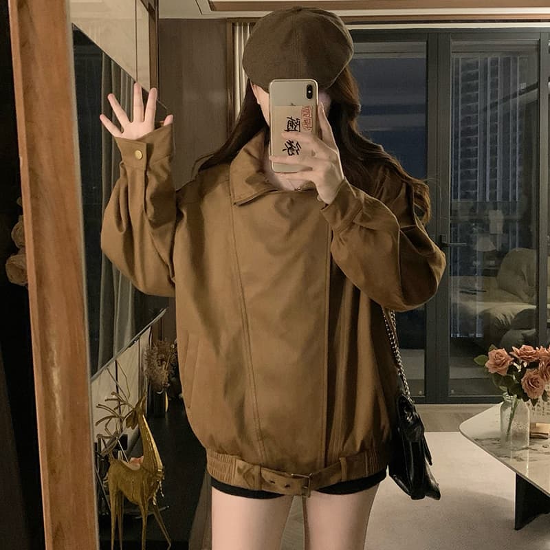 실사 스웨이드 원단 오토바이 재킷 가을 레트로 아름다움 라드. 캐주얼 루즈핏 느긋한 폴로 칼라 프로필 모양 센스 재킷 여성 이미지 3