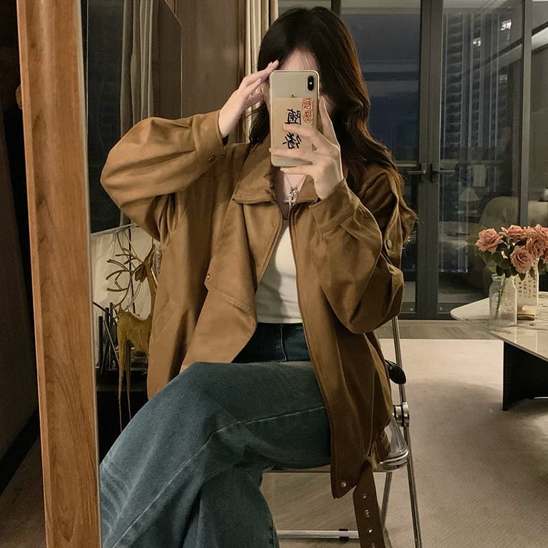 실사 스웨이드 원단 오토바이 재킷 가을 레트로 아름다움 라드. 캐주얼 루즈핏 느긋한 폴로 칼라 프로필 모양 센스 재킷 여성 이미지 6