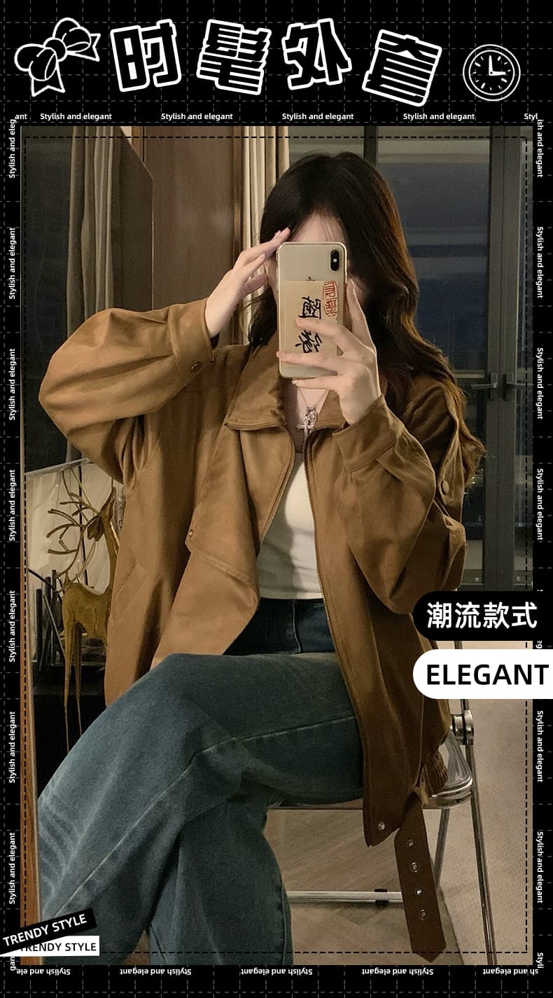 실사 스웨이드 원단 오토바이 재킷 가을 레트로 아름다움 라드. 캐주얼 루즈핏 느긋한 폴로 칼라 프로필 모양 센스 재킷 여성 상세 이미지 1