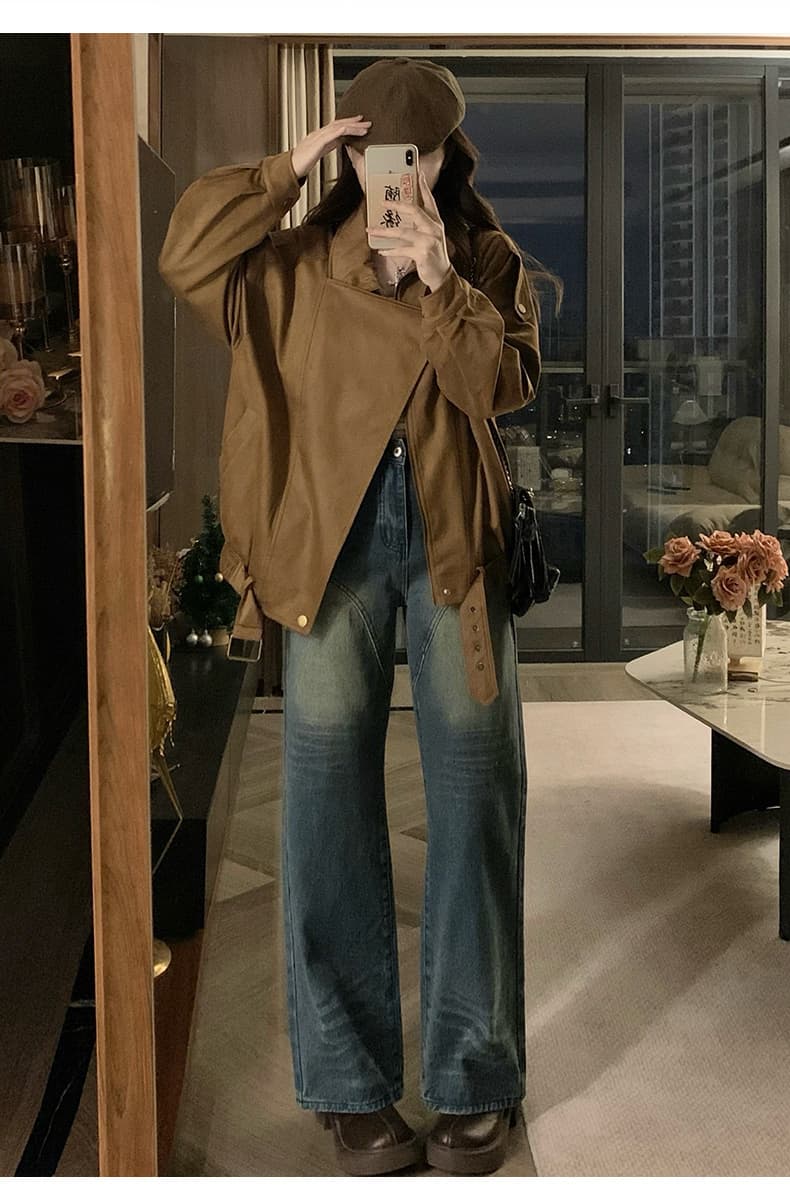 실사 스웨이드 원단 오토바이 재킷 가을 레트로 아름다움 라드. 캐주얼 루즈핏 느긋한 폴로 칼라 프로필 모양 센스 재킷 여성 상세 이미지 9