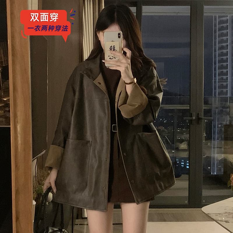 실사 2026 년 봄 가을 루즈핏 맨위 커피 색상 싱글 줄 버튼 양성 및 음성 양면 착용 가죽 재킷 여성 코트 트렌디 이미지 3