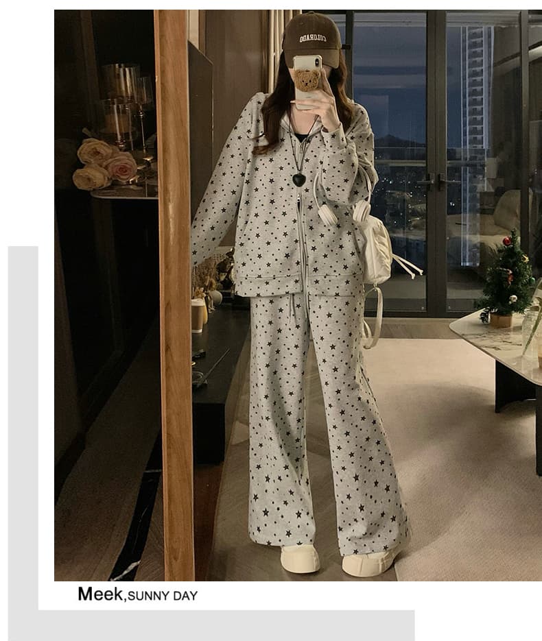 실사 아메리칸 전체 인쇄 별 토끼 귀 후드 티 스웨터 여성 2026 가을 겨울 캐주얼 바지 투피스 세트 재킷 세트 상세 이미지 11