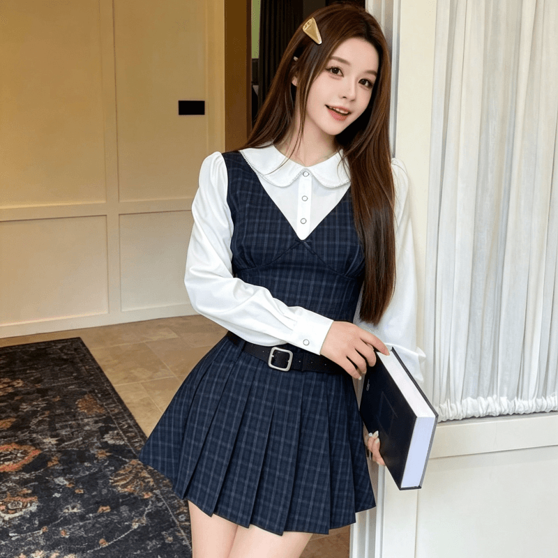 패치워크 디자인 페이크 레이어드 긴팔 여성 드레스 2026 가을 새로운 허리 수축 체크무늬 플리츠 미니 스커트 학원 스타일 이미지 2