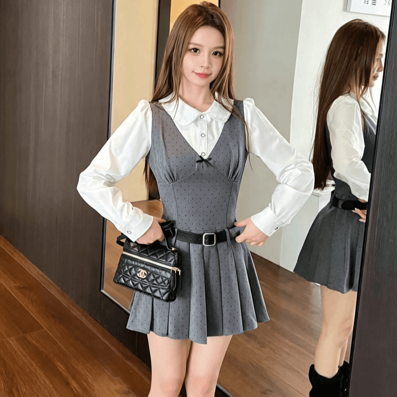 패치워크 디자인 페이크 레이어드 긴팔 여성 드레스 2026 가을 새로운 허리 수축 체크무늬 플리츠 미니 스커트 학원 스타일 이미지 5