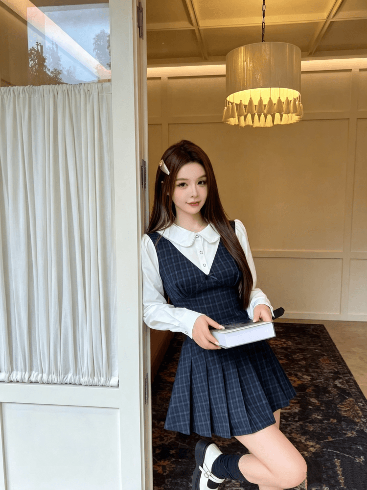 패치워크 디자인 페이크 레이어드 긴팔 여성 드레스 2026 가을 새로운 허리 수축 체크무늬 플리츠 미니 스커트 학원 스타일 상세 이미지 4