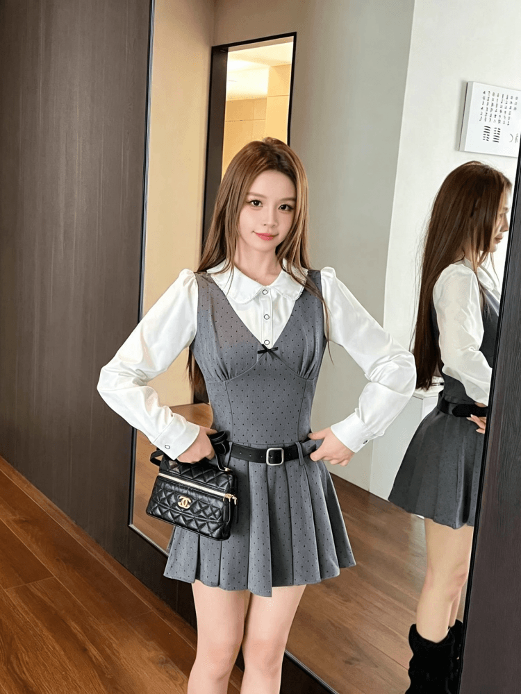 패치워크 디자인 페이크 레이어드 긴팔 여성 드레스 2026 가을 새로운 허리 수축 체크무늬 플리츠 미니 스커트 학원 스타일 상세 이미지 8