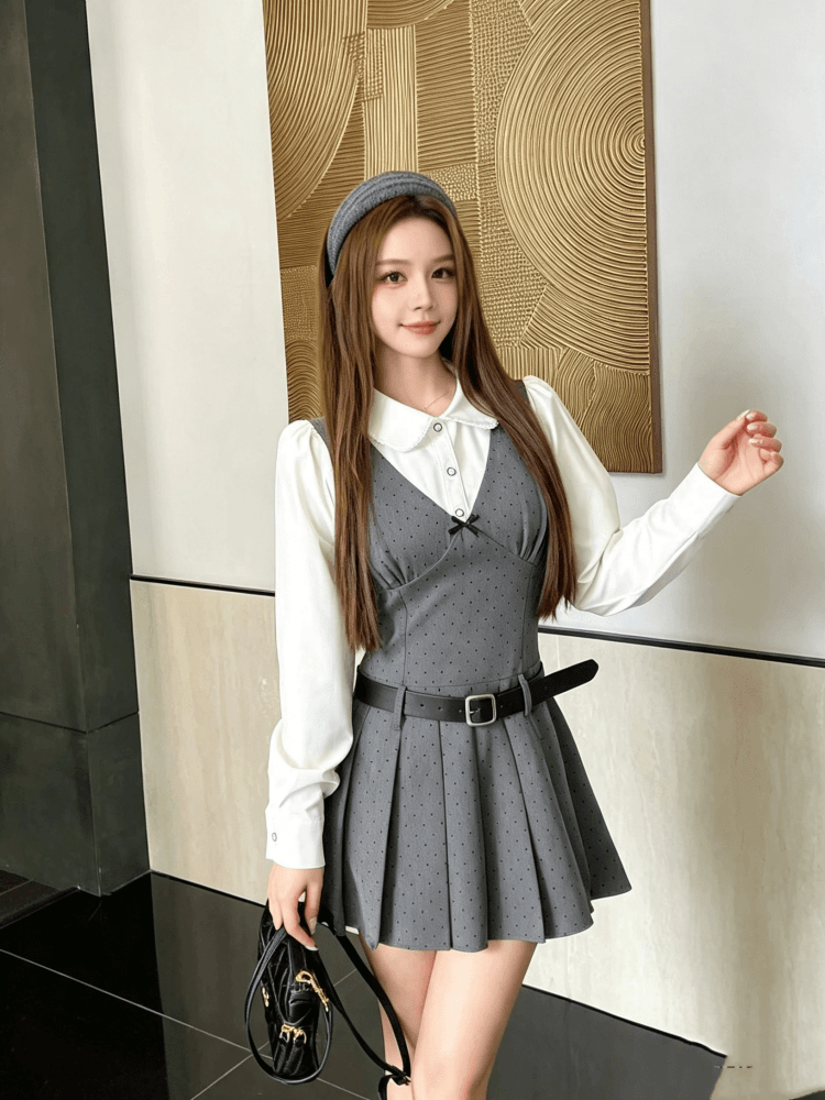 패치워크 디자인 페이크 레이어드 긴팔 여성 드레스 2026 가을 새로운 허리 수축 체크무늬 플리츠 미니 스커트 학원 스타일 상세 이미지 13