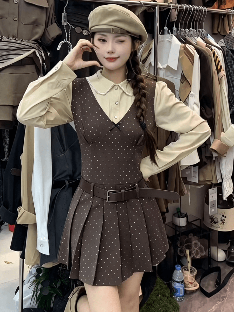 패치워크 디자인 페이크 레이어드 긴팔 여성 드레스 2026 가을 새로운 허리 수축 체크무늬 플리츠 미니 스커트 학원 스타일 상세 이미지 18