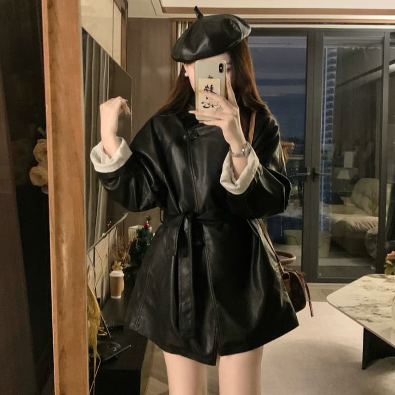 실사 디자인 고급 센스 튀김 거리 레트로 검정색 PU 가죽 정장 가죽 재킷 여성 코트 항구 바람 학원 스타일 재킷 이미지 2