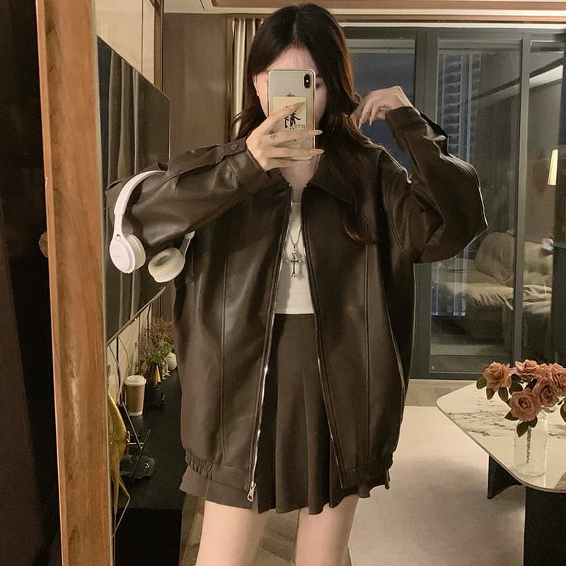 실사 아메리칸 레트로 PU 가죽 여성 코트 봄 가을 새로운 고급 센스 품격 루즈핏 오토바이 가죽 자켓 가죽 재킷 이미지 6