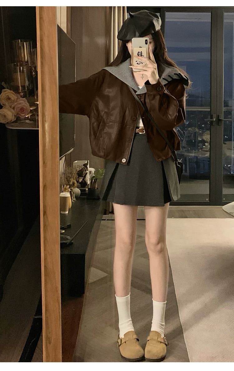 실사 빅 칼라 가죽 재킷 재킷 여성 짧은 2026 가을 새로운 고급 센스 재킷 작은 키 루즈핏 맨위 상세 이미지 4