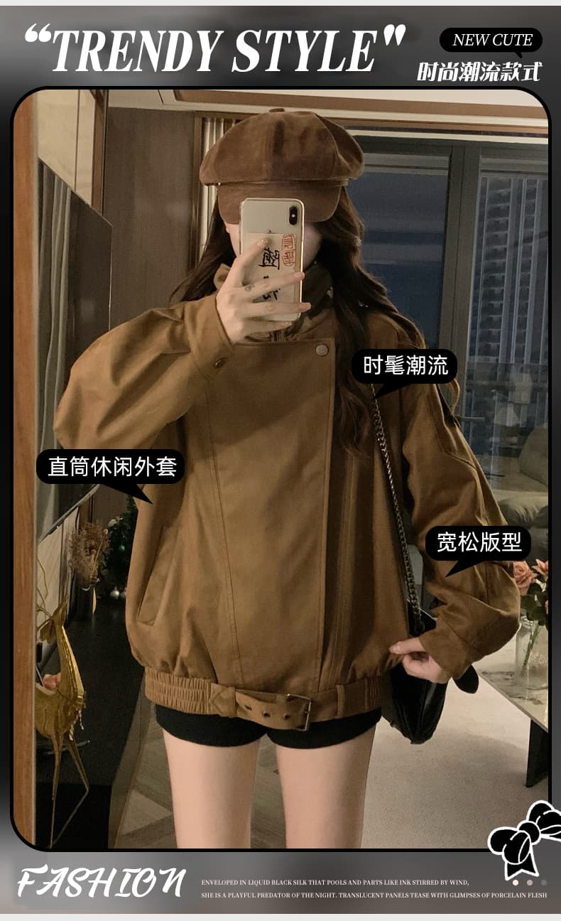 실사 빅 칼라 레트로 브라운 루즈핏 스웨이드 질감 센스 오토바이 재킷 여성 코트 2026 가을 새로운 상세 이미지 3