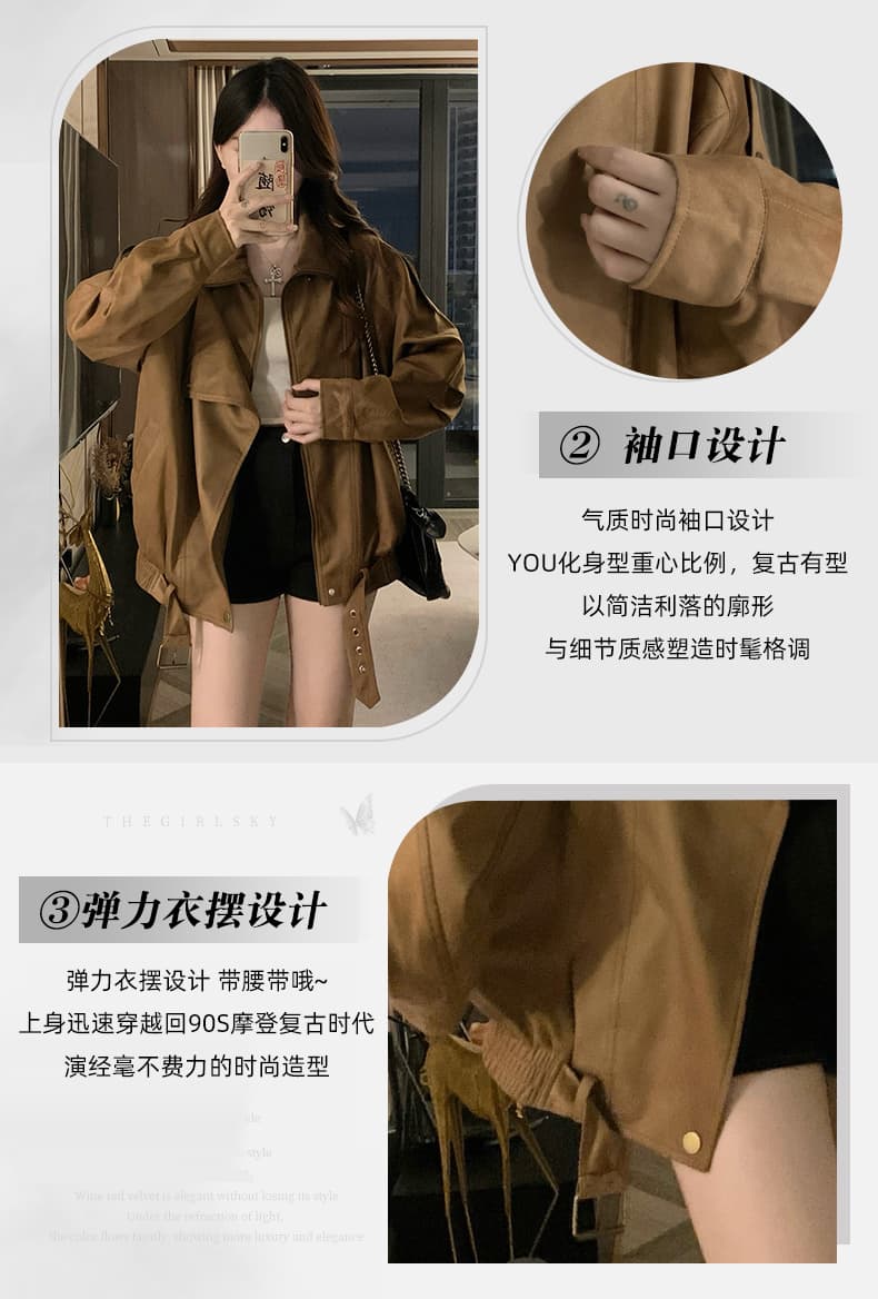 실사 빅 칼라 레트로 브라운 루즈핏 스웨이드 질감 센스 오토바이 재킷 여성 코트 2026 가을 새로운 상세 이미지 5